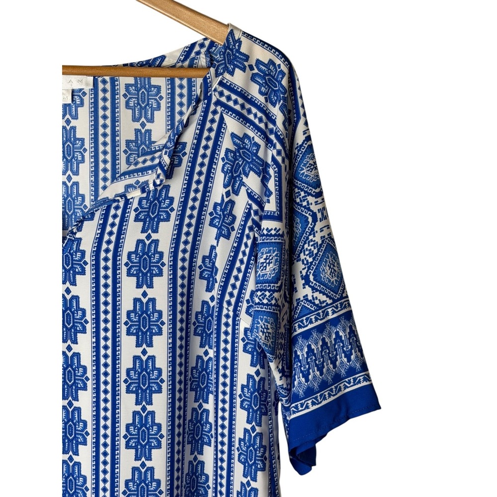 Glam Tunic Dress Women Medium Blue White NWT Geometric Raglan V Neck Mini Boho - Picture 6 of 11